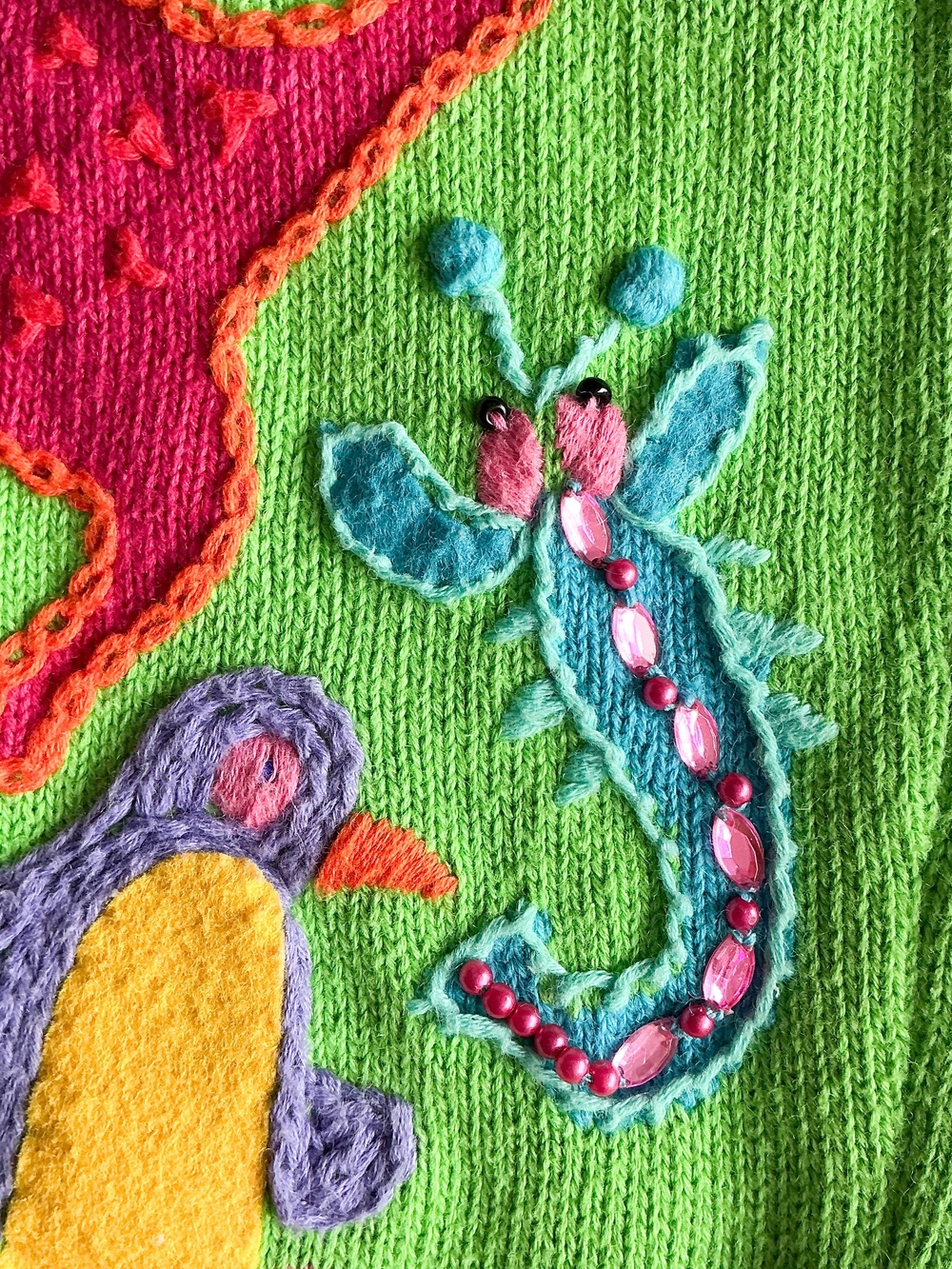 Vtg Michael Simon Animal Cardigan Sweater Bright Green Jungle Safari Knit Sz Med - Picture 7 of 15